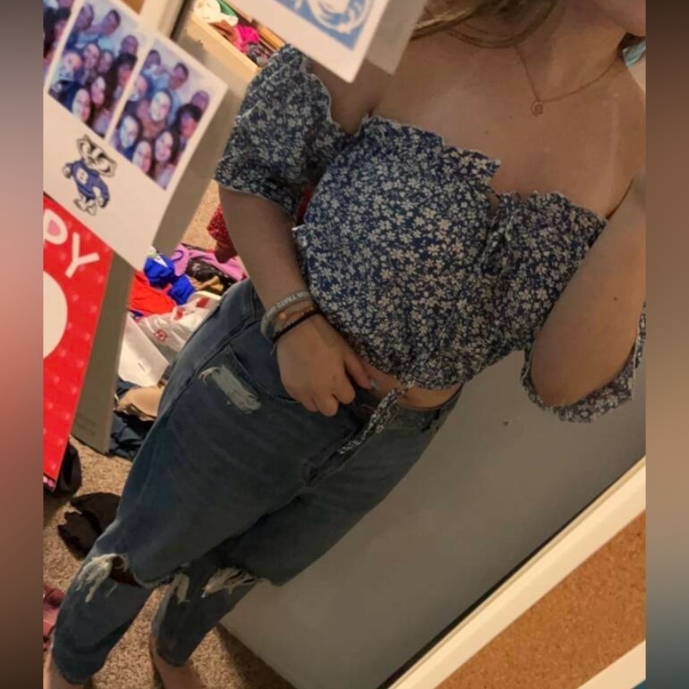 SHEIN VCAY Ditsy Floral Print Off Shoulder Frill Trim Tie Front Crop Blouse L - Picture 6 of 16